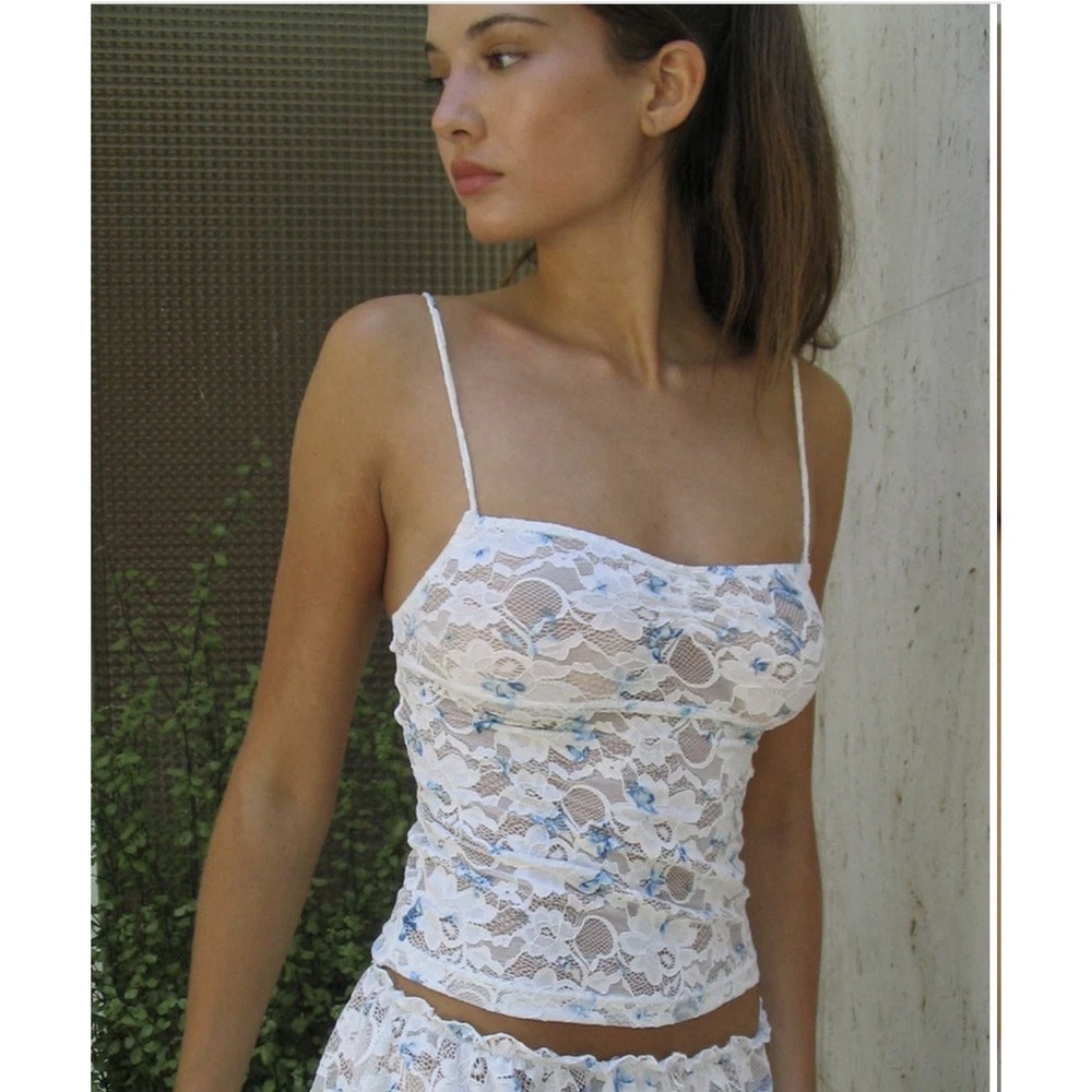 Frankies Bikinis Cassie Tank Floral Womens Small White Blue Lace